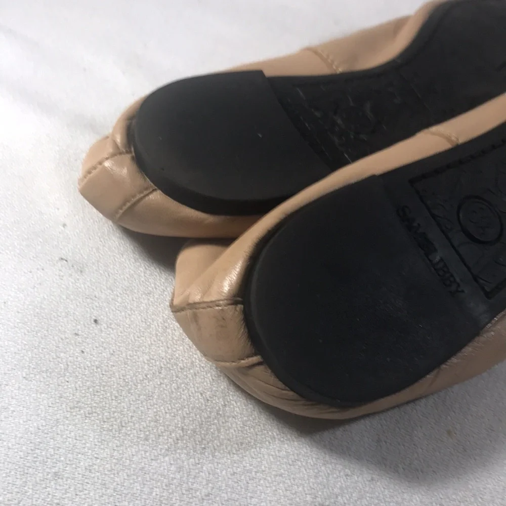 Sam & Libby Women's Bow-Accent Tan Leather Ballet Flats Size 8.5